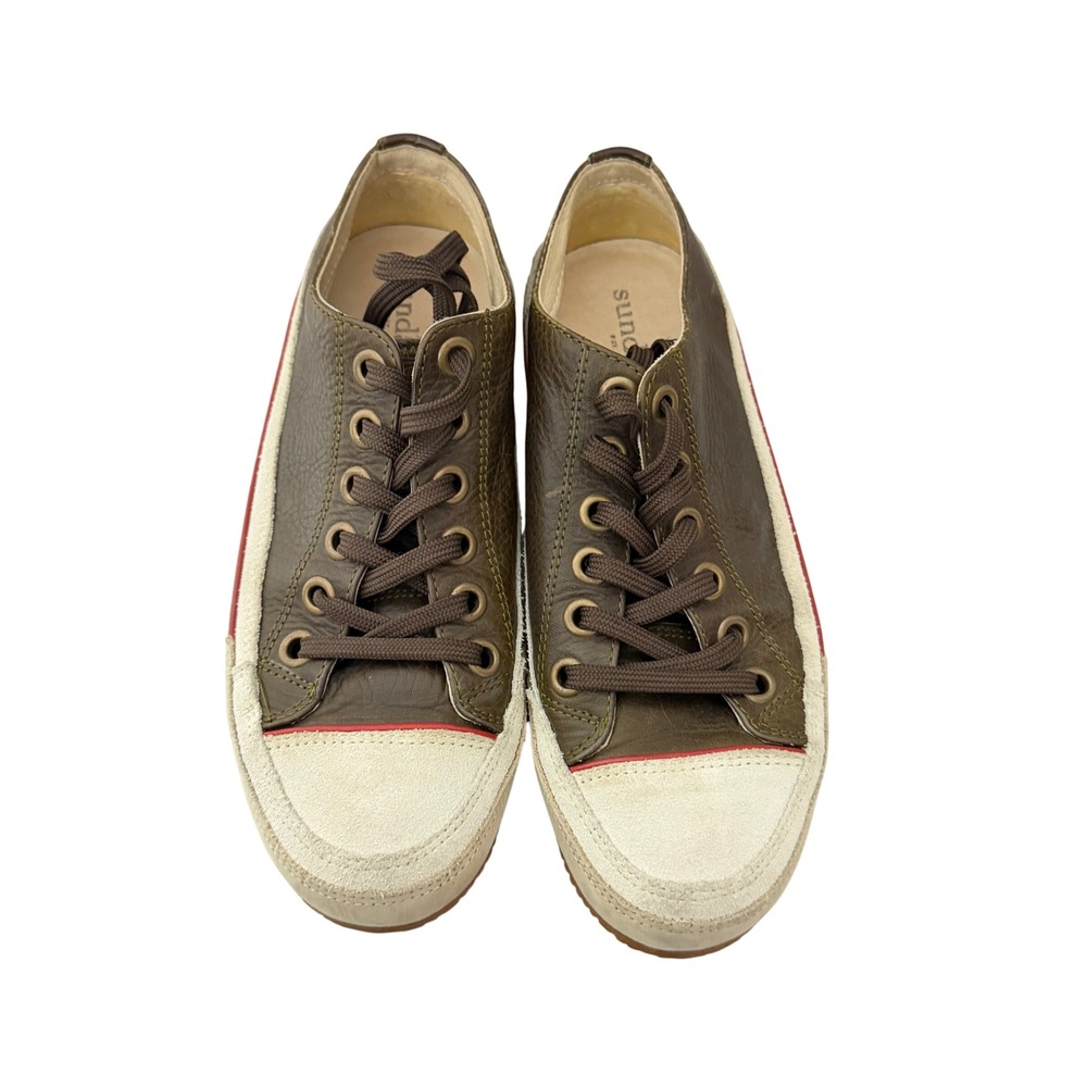 Sundance Leather Sneakers Womens 37 Olive Green Suede Trim Low Top Lace Up